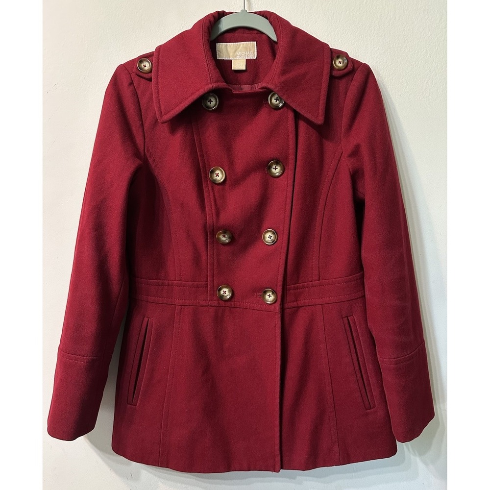 Michael Kors Womens Red Wool Blend Double Breasted Peacoat Jacket Coat Size S